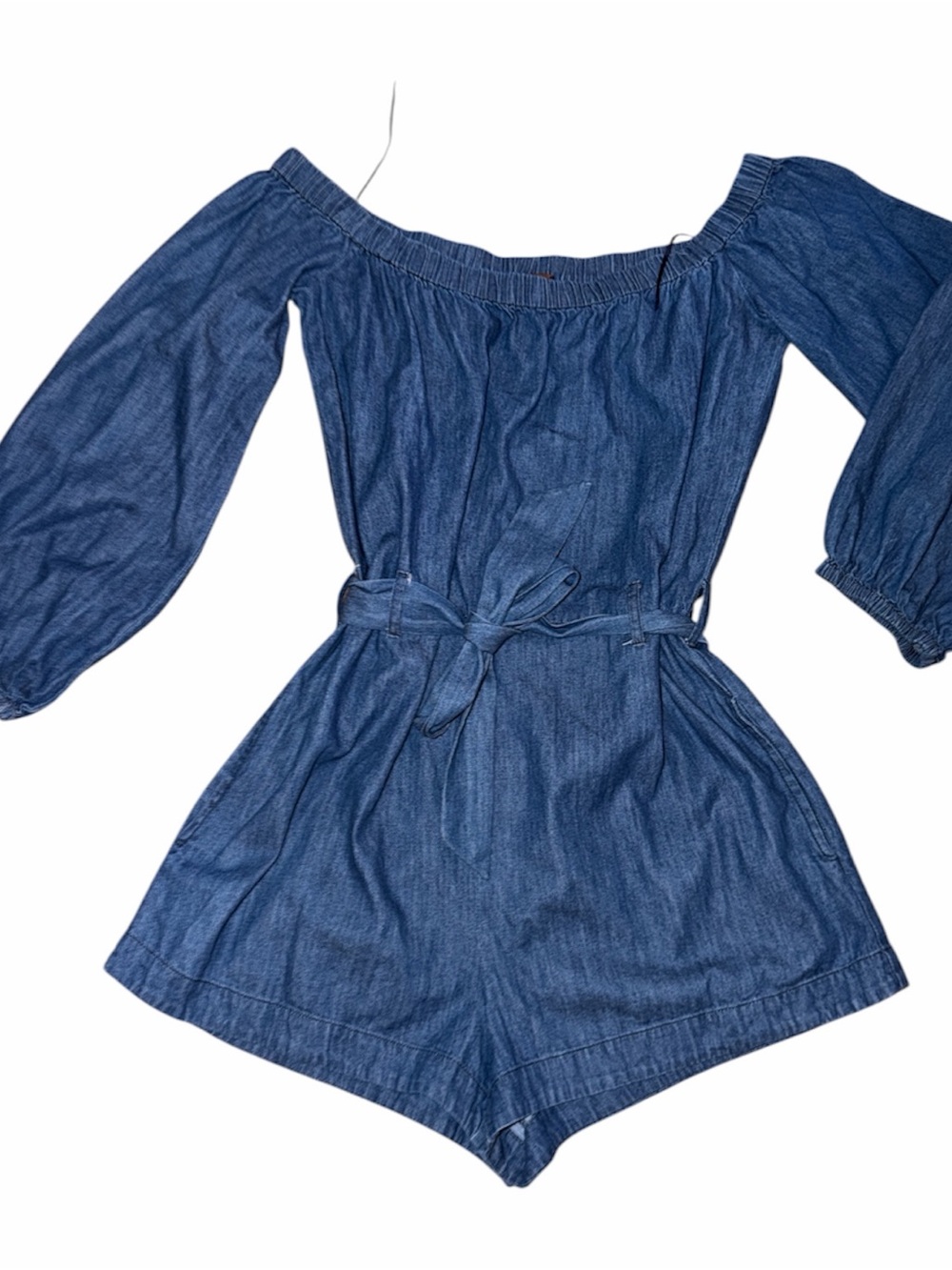 Free People Blue Off-Shoulder Denim Romper